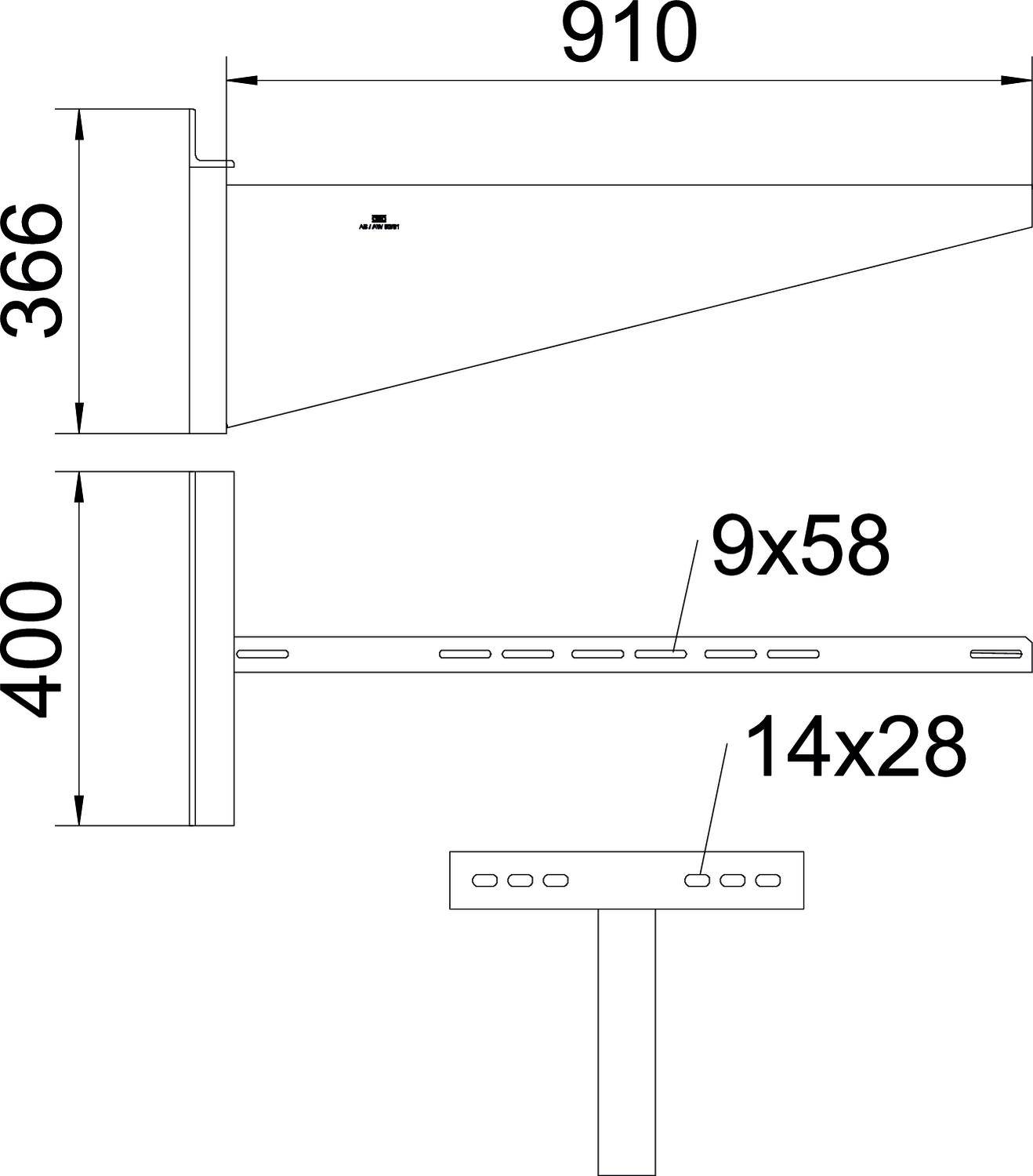 Tehnički crtež zidnog nosača s dimenzijama: duljina 910 mm, visina 366 mm i 400 mm. Detalji uključuju veličine provrtanih rupa: 9x58 i 14x28 mm.