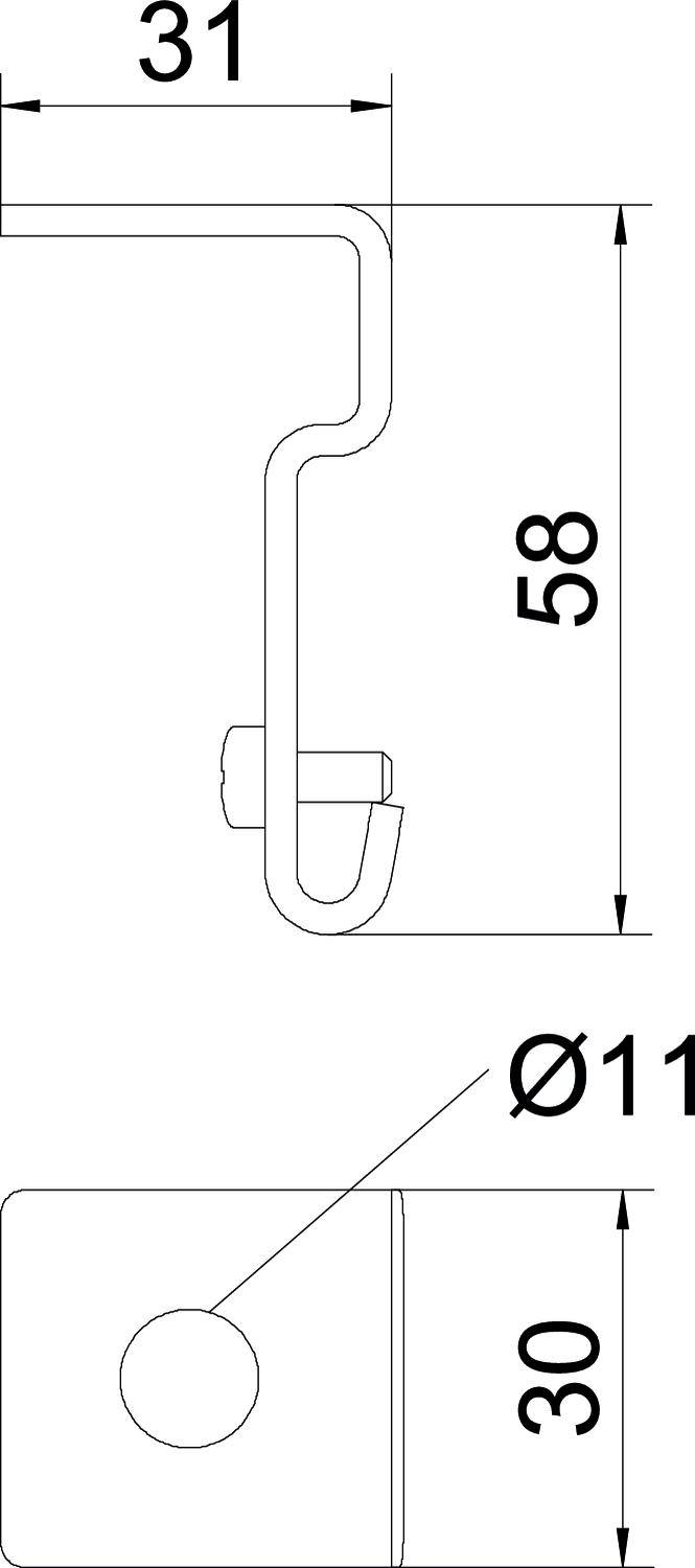 Tehnički nacrt metalnog kutnika s dimenzijama: visina 58 mm, širina 31 mm, promjer rupe 11 mm, donji segment 30 mm.