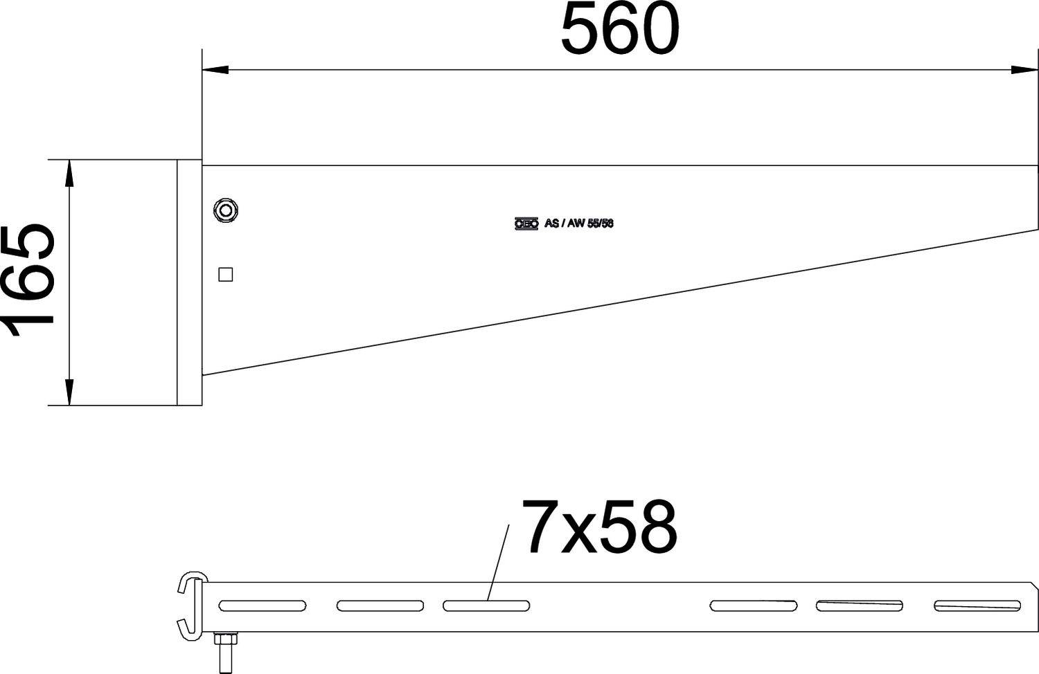 Pogled sa strane i pogled odozgo konzole za zid s mjerama: visina 165 mm, dubina 560 mm. Donja strana prikazuje otvore: 7x58 mm.
