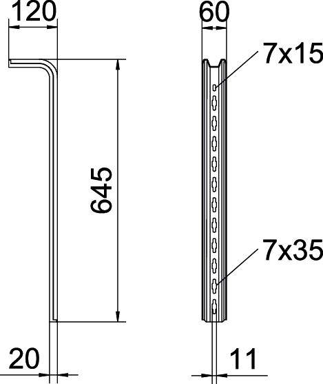 Tehnički nacrt metalnog profila s dimenzijama: širina 120 mm, visina 645 mm, dubina 20 mm, dodatni detalji 7x15 i 7x35.