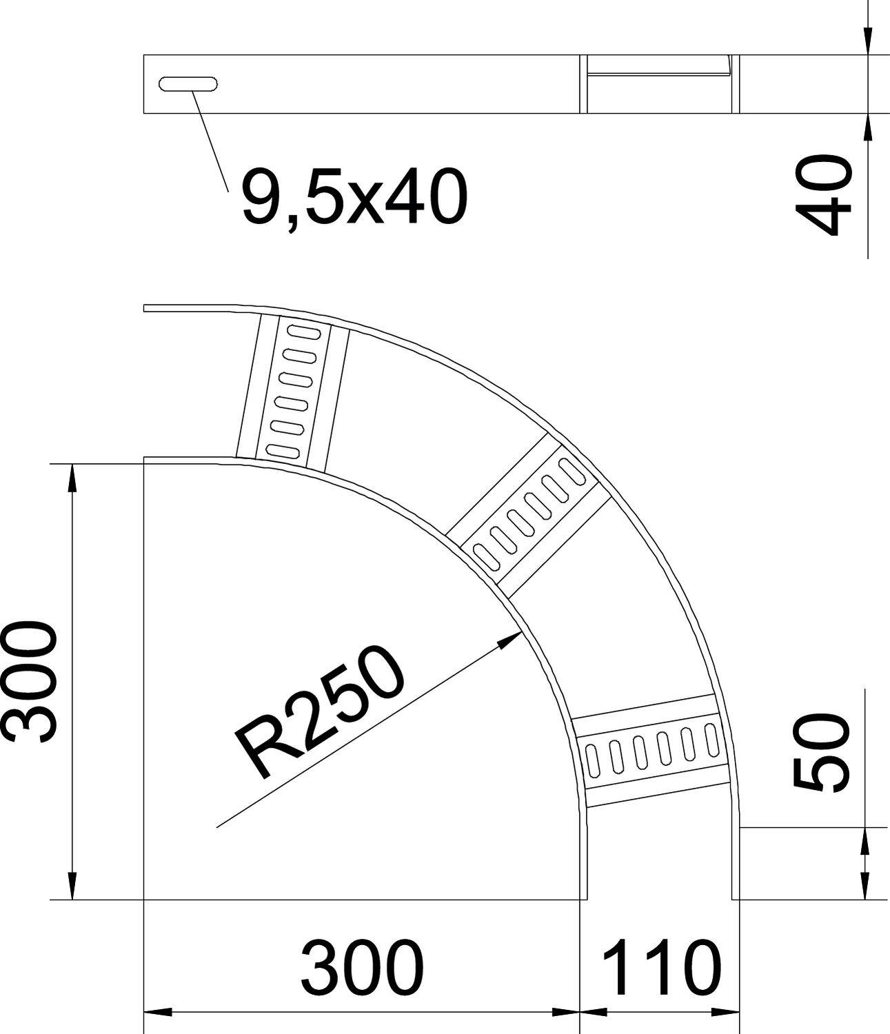 Tehnički nacrt 90-stupanjskog kuta s polumjerom 250 mm. Dimenzije: 300 mm x 110 mm. Dodatni detalji uključuju rezove 9,5x40 mm.