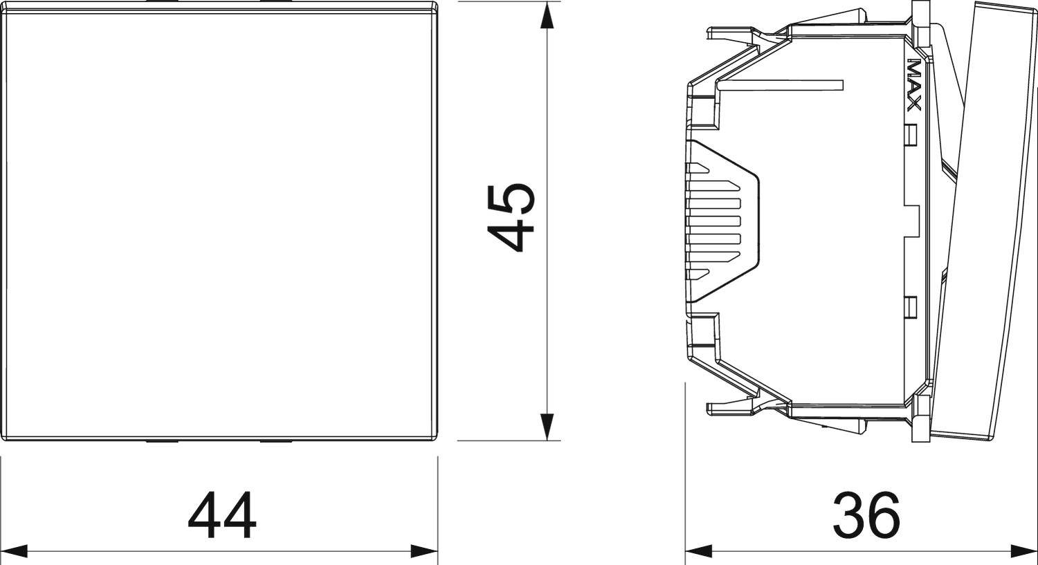 Tehnički nacrt uređaja s dimenzijama: širina 44 mm, visina 45 mm, dubina 36 mm. Prikazuje pogled odozgo i sa strane.