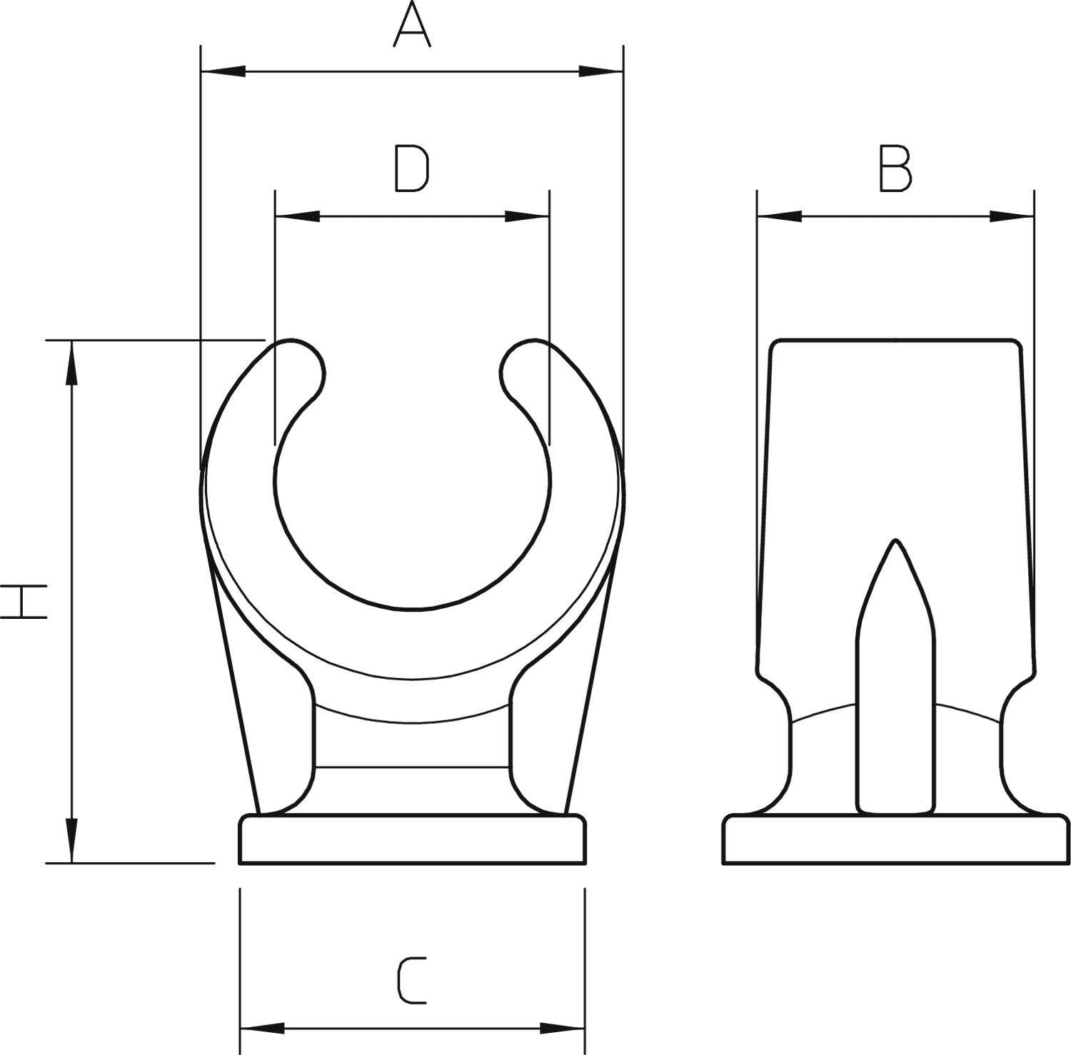 Tehnički nacrt nosača cijevi s dimenzijama: visina (H), širina (B), dubina (C), unutarnji promjer (D), razmak (A).