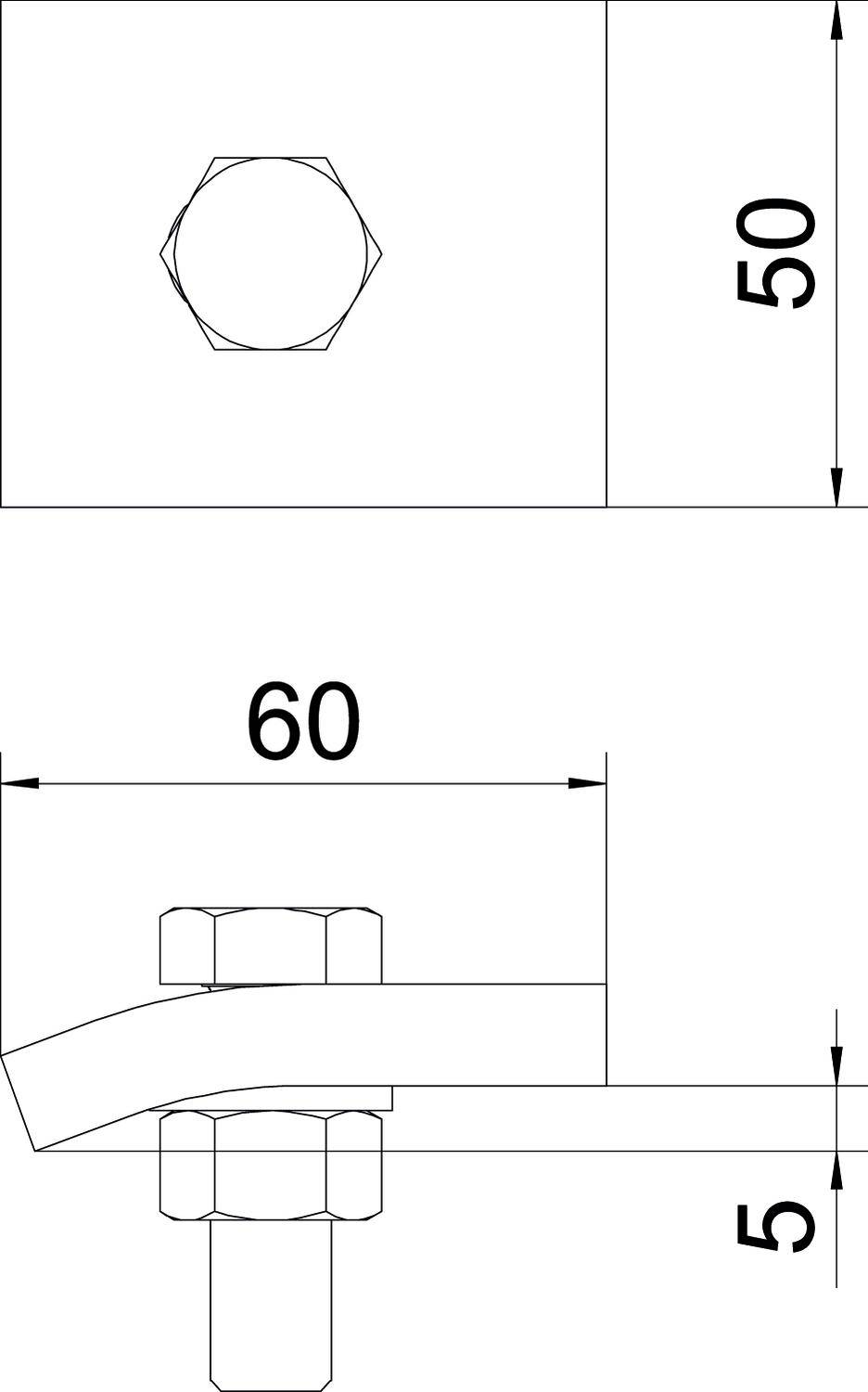 Tehnički nacrt metalnog spojnika s pogledom sa strane. Gore šesterokutna matica, dimenzije: duljina 60, visina 5, širina 50 mm.