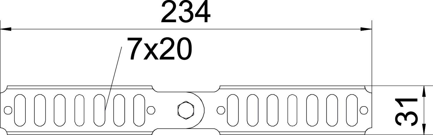 Tehnički nacrt pravokutnog metalnog dijela dimenzija 234 mm x 31 mm. Sadrži sedam ovalnih otvora promjera 20 mm.