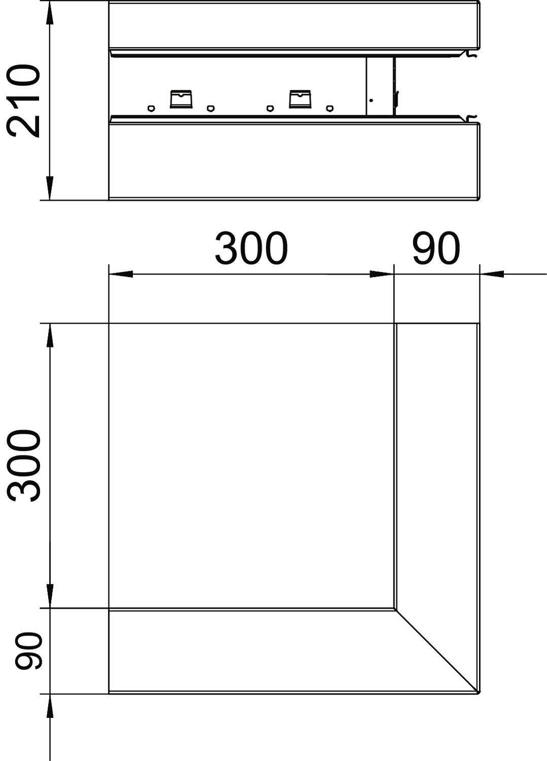 Tehnički nacrt quadratnog objekta sa stranicama duljine 300 mm i visinom od 210 mm, prikazuje detalje konstrukcije.