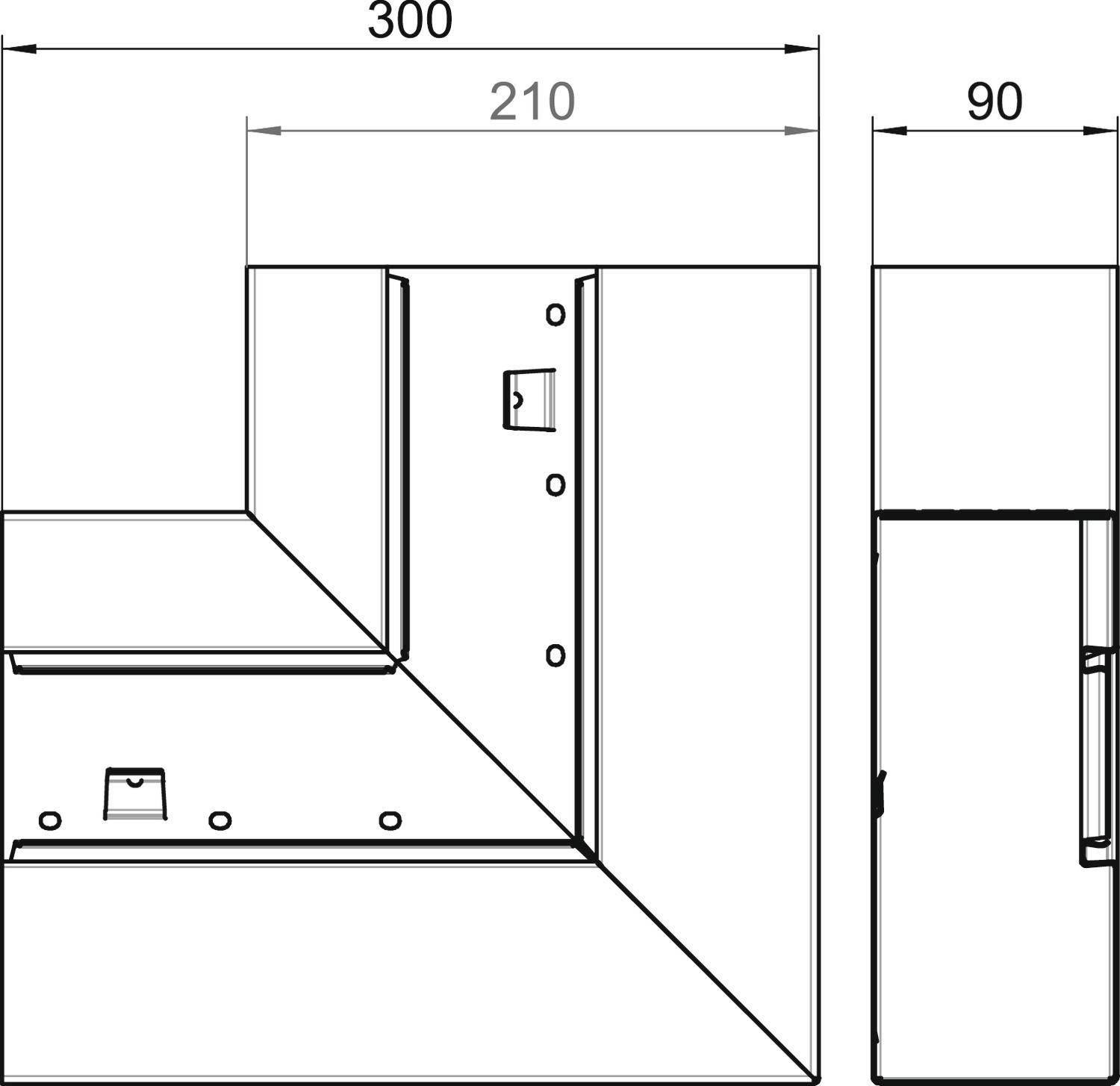 Tehnički nacrt L-oblične kuhinjske linije s dimenzijama: 300 cm x 90 cm. Prikazane utičnice i prednji pogled.