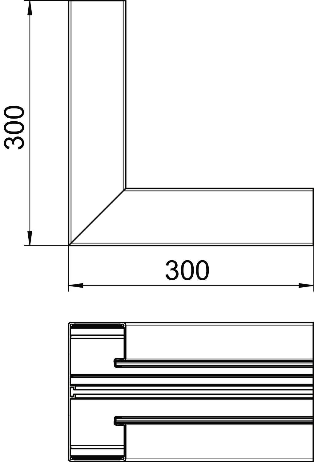Tehnički crtež L-profila dimenzija 300x300 mm. Detaljni prikaz poprečnog presjeka ispod.'