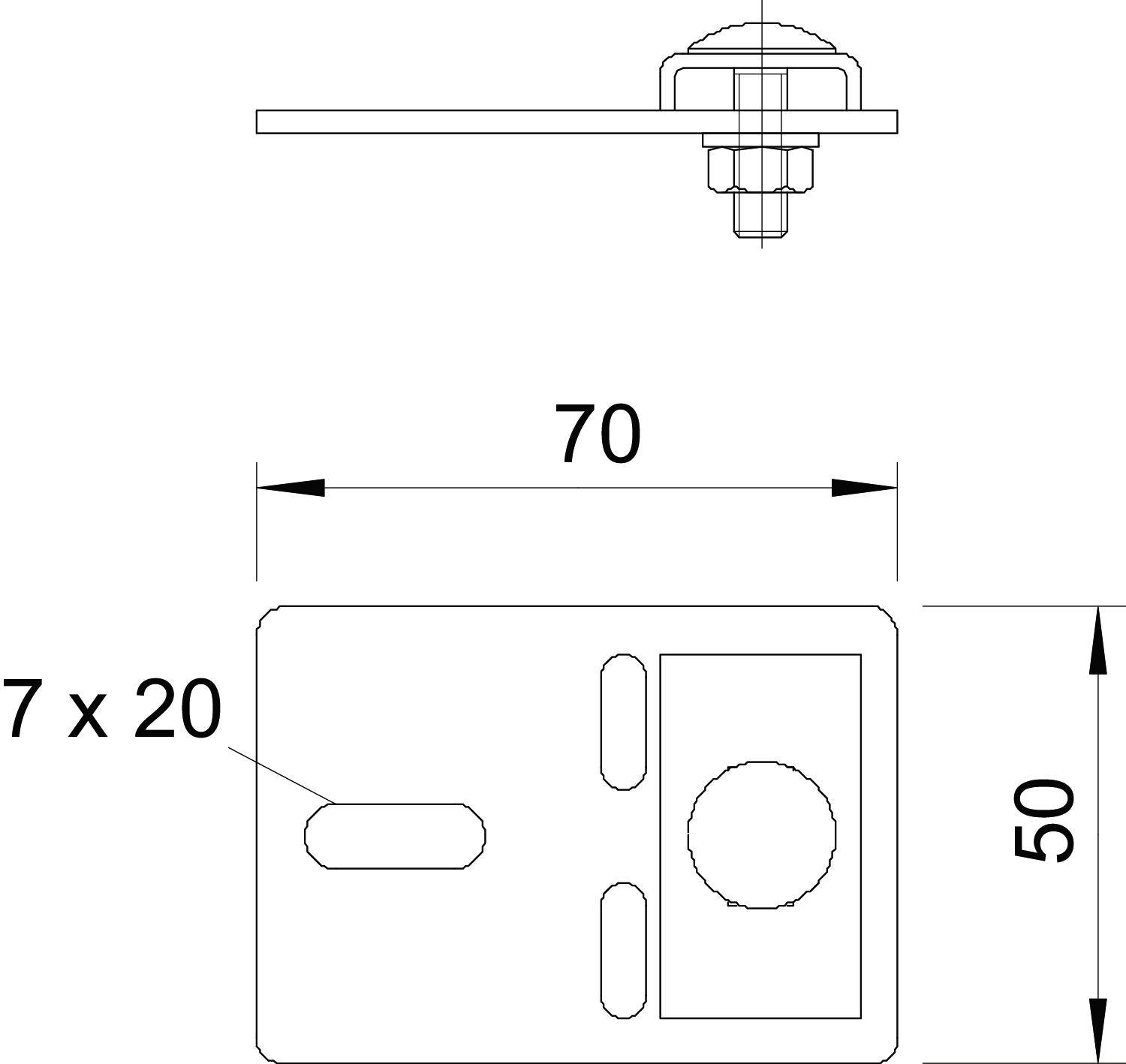 Tehnički nacrt metalne ploče s dva otvora. Dimenzije: 70 mm širina, 50 mm visina. Sa strane je vidljiv vijčani spoj.