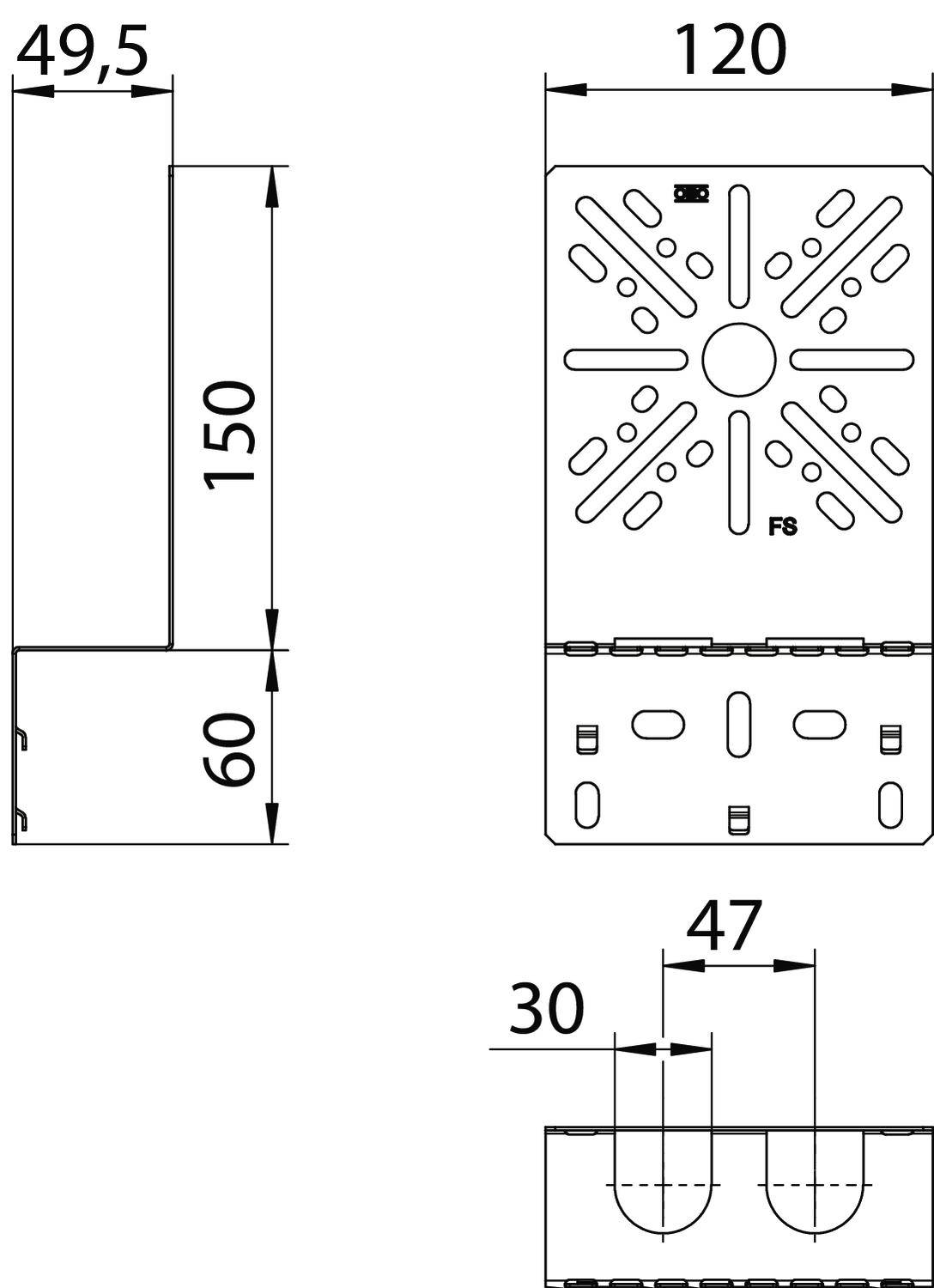 Tehnički nacrt pravokutnog metalnog kutnika s dimenzijama: 150 mm visina, 120 mm širina. Prikazani detalji otvora i utora.