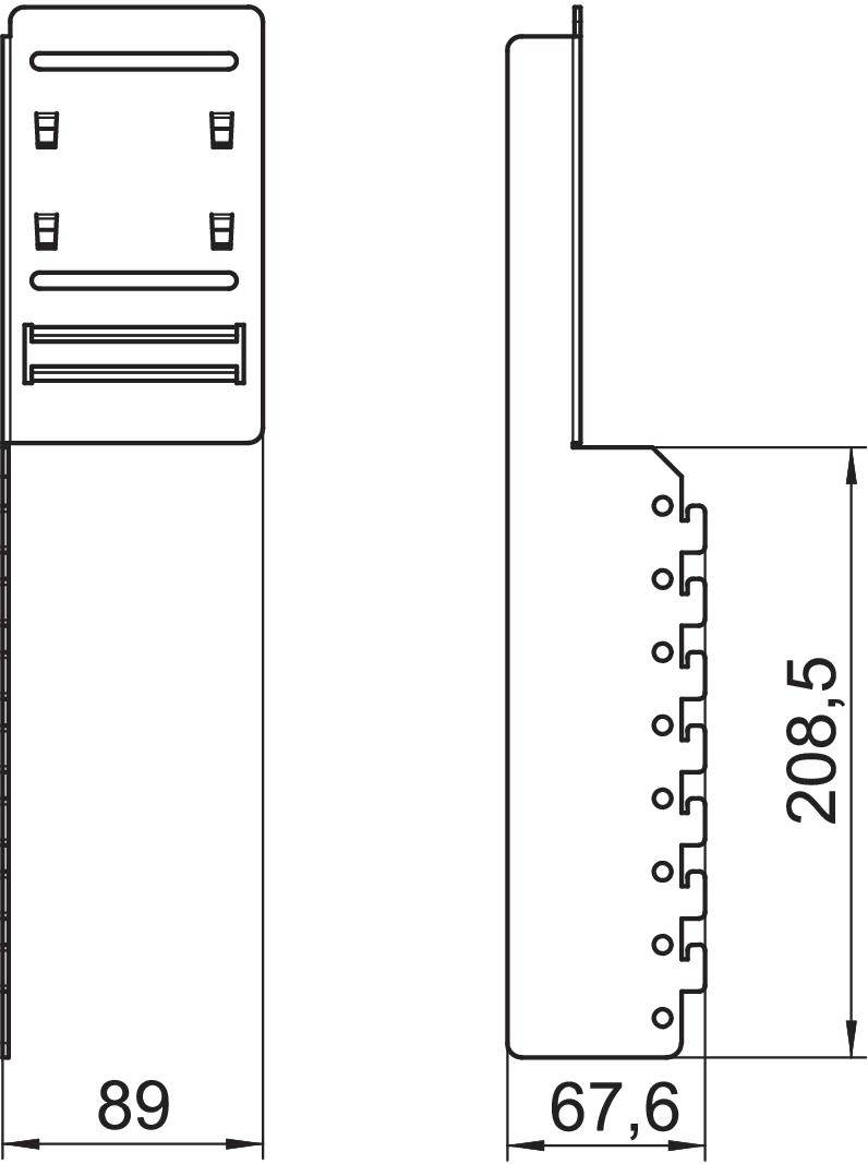 Tehnički nacrt pravokutnog objekta s dimenzijama: širina 89 mm, visina 208,5 mm, dubina 67,6 mm. Prikazi prednje i bočne strane.