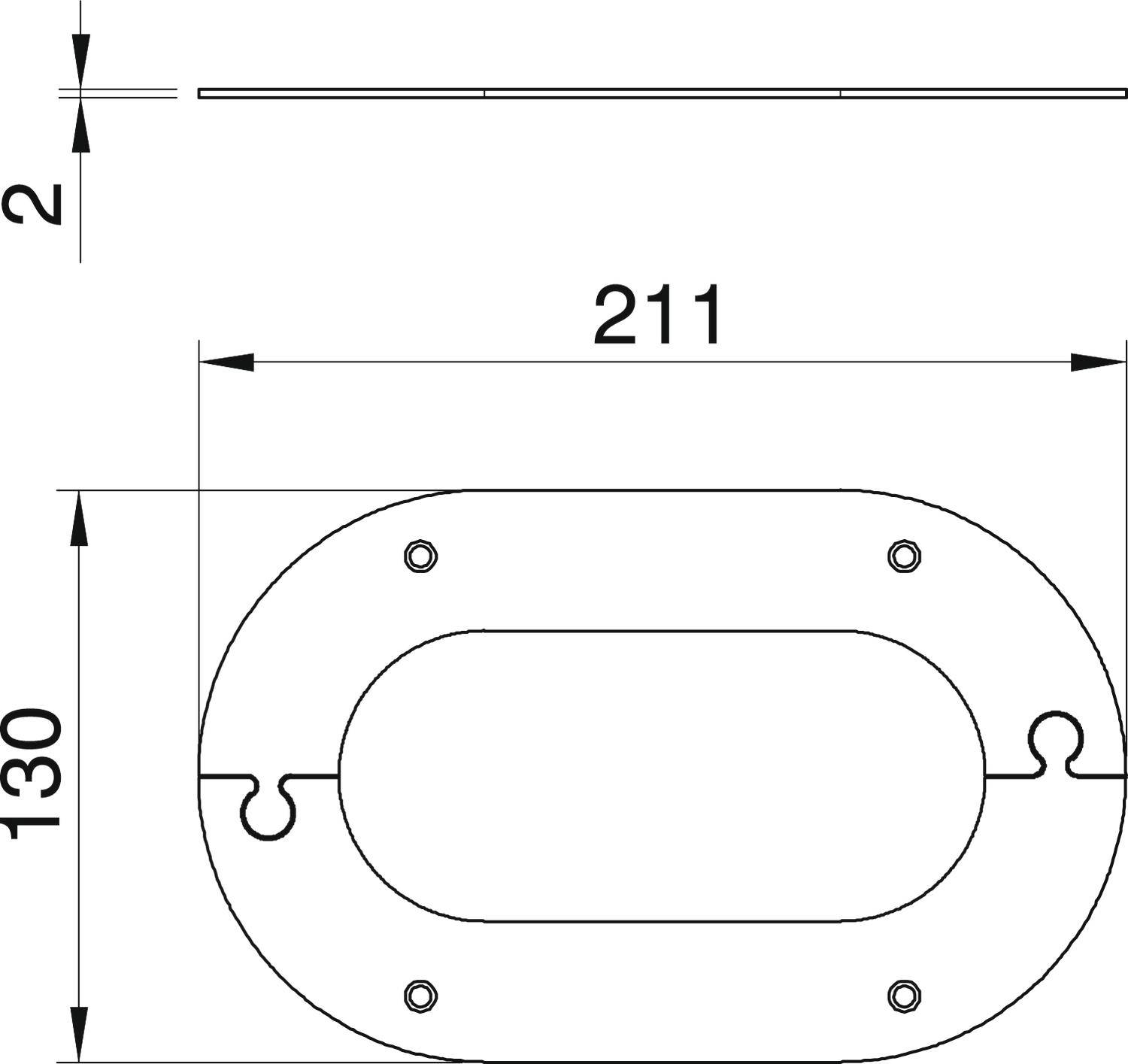 Tehnički nacrt ovalnog prirubnika s dimenzijama 211 mm širine i 130 mm visine. Prikazuje pogled odozgo i pogled sa strane.