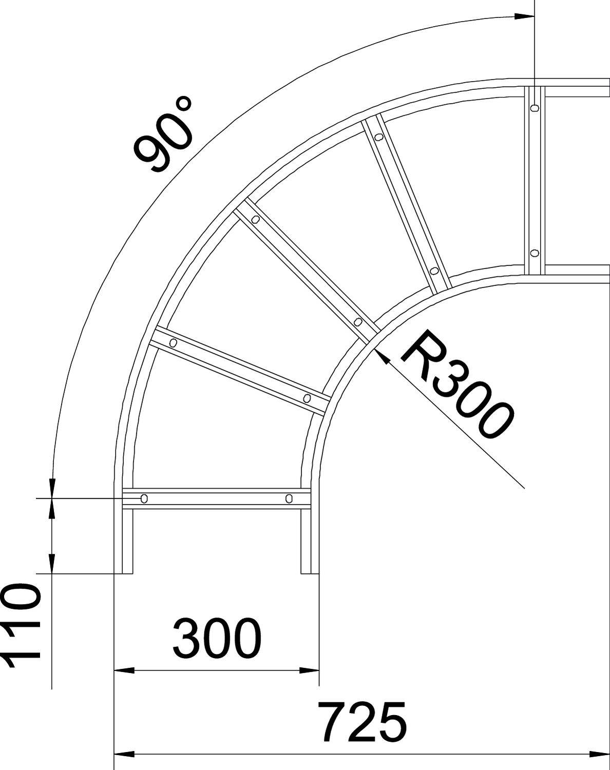 Tehnički nacrt 90-stupanjskog luka s polumjerom od 300 mm. Ukupna visina iznosi 110 mm, a ravna duljina 300 mm.