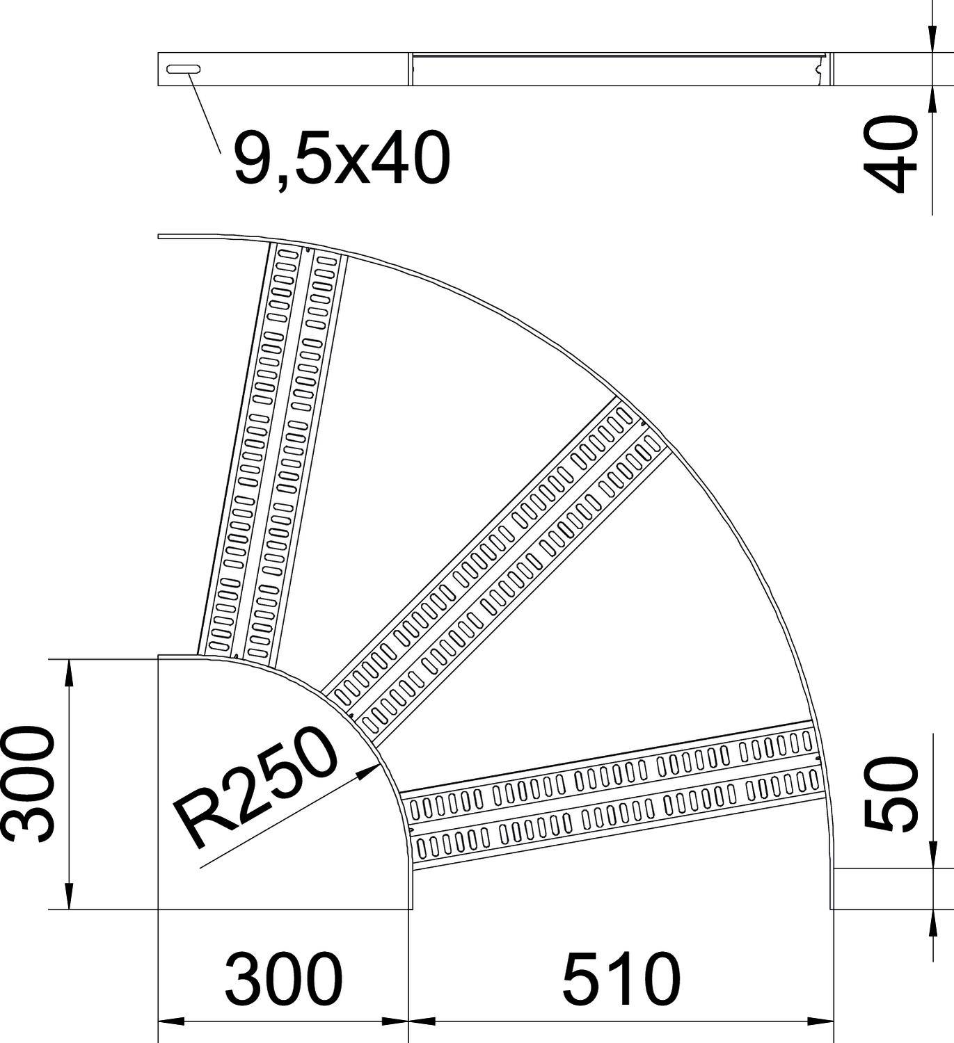 Tehnički nacrt kuta s mjerama: Radijus 250 mm, širina 300 mm, visina 300 mm, s više linija i oznaka.
