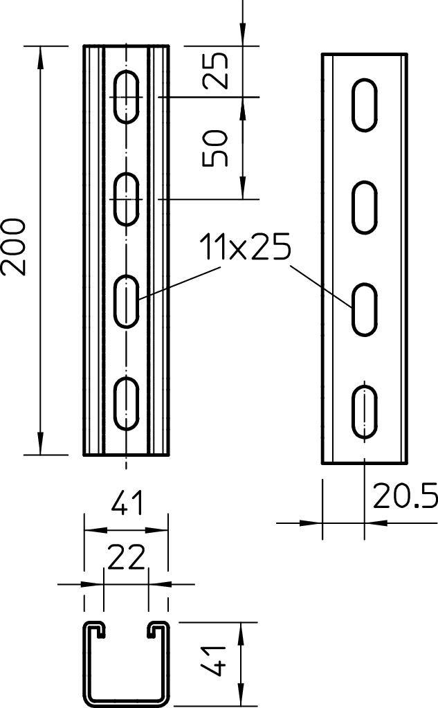 Tehnički nacrt metalnog profila s dimenzijama: visina 200 mm, širina 41 mm. Rupe: 11x25 mm i razmaci: 25 mm, 50 mm. Pogled sa strane i sprijeda.