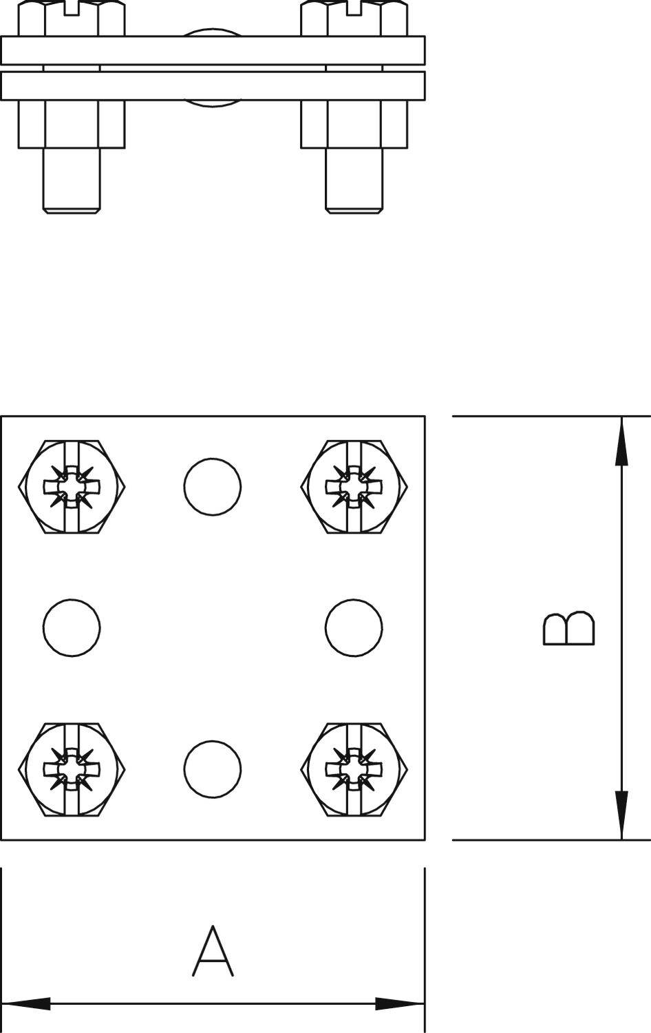 Tehnički nacrt, pogled odozgo i bočni pogled pravokutnog nosača sa četiri vijčana pričvršćivanja. Dimenzije A i B navedene.