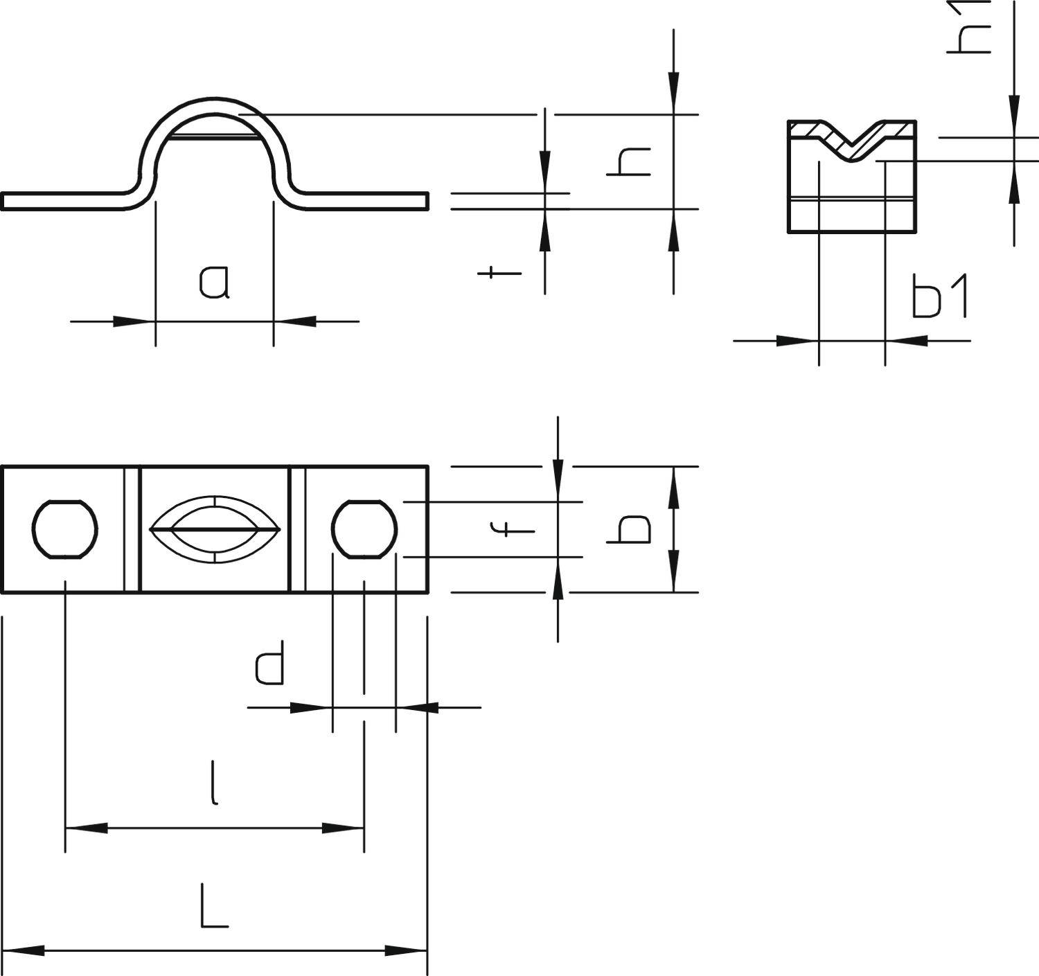 Tehnički nacrt metalne stezaljke s dimenzijama: širina 'a', visina 'h', debljina materijala 't' i ostalim mjerama poput 'b1', 'f', 'd'.