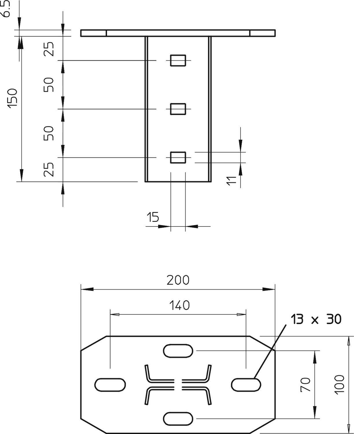 Tehnički nacrt metalne grede s dimenzijama: Gore 150x65, Dolje 200x140, Visina 100. Rupe za vijke na različitim pozicijama.