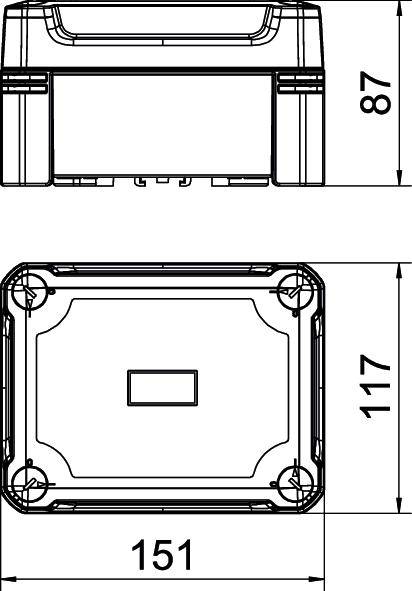 Tehnički nacrt pravokutnog kućišta. Gore: bočni pogled s visinom od 87 mm. Dolje: pogled odozgo s dimenzijama 151 mm x 117 mm.