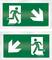 Dva zelena znaka za nužni izlaz s bijelim piktogramima: gore osoba trči udesno, dolje osoba trči lijevo dolje.