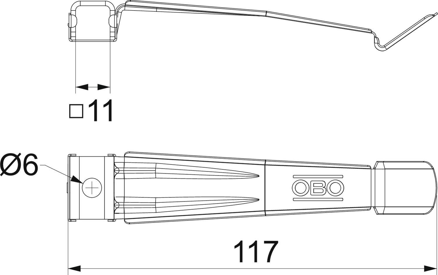 Tehnički nacrt tiple OBO-a s dimenzijama: duljina 117 mm, promjer 6 mm. Prikazuje bočni i tlocrtni pogled.