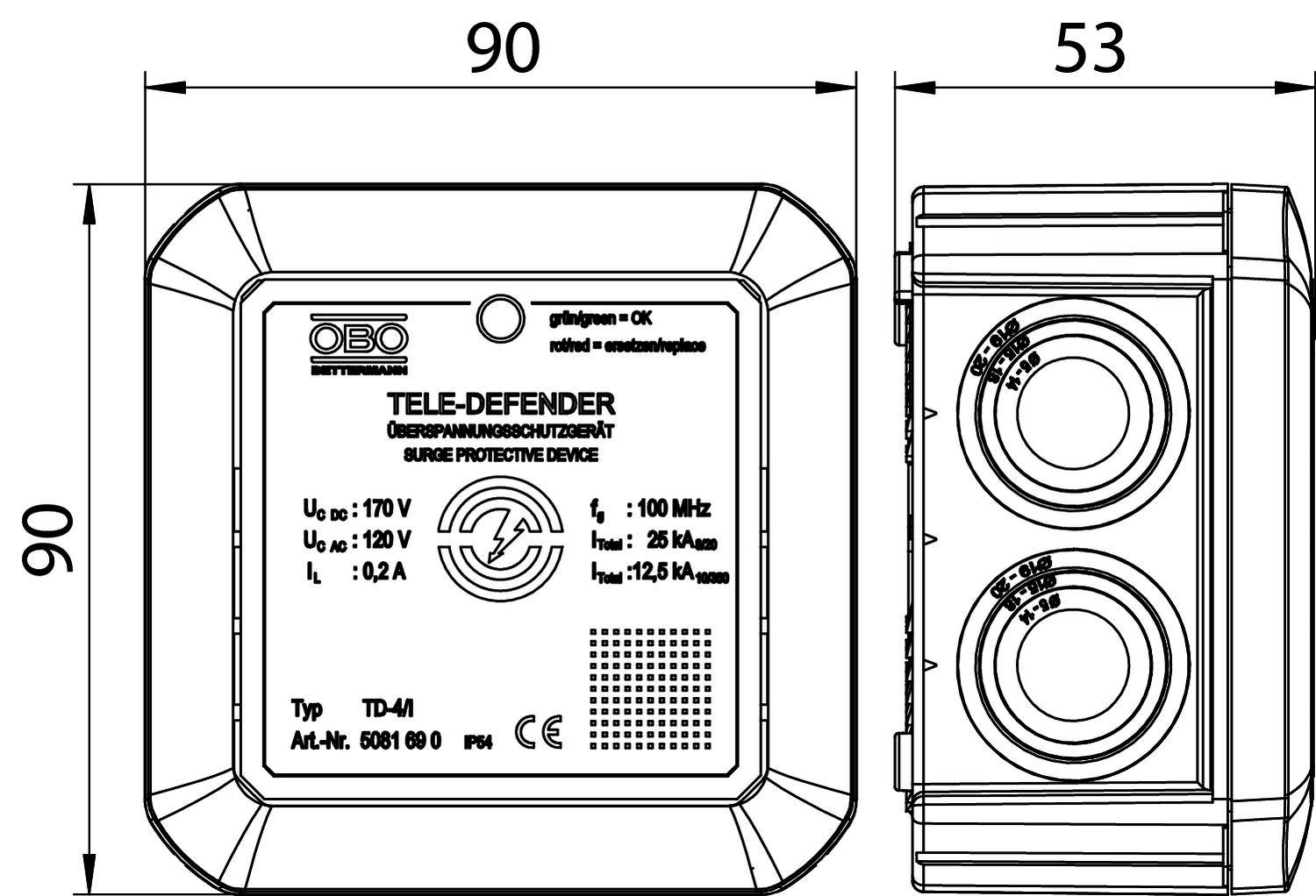 Tehnički nacrt uređaja za zaštitu od prenapona 'Tele-Defender' tvrtke OBO. Dimenzije: 90x90x53 mm, tip TD-41, za telefonske priključke.