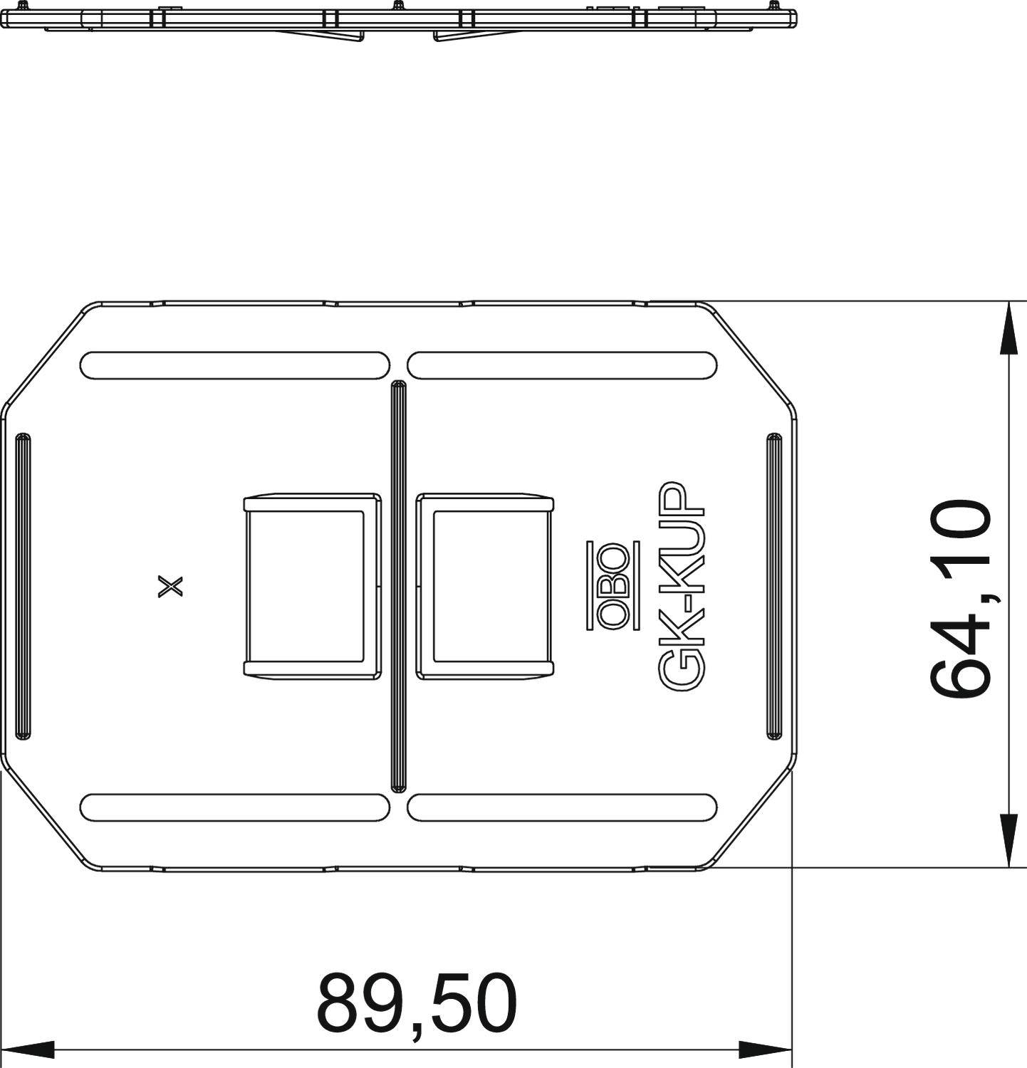 Tehnički nacrt pravokutnog metalnog dijela dimenzija 89,50 x 64,10 mm, označen oznakom 'GK-KUP' i logotipom 'OBD'.