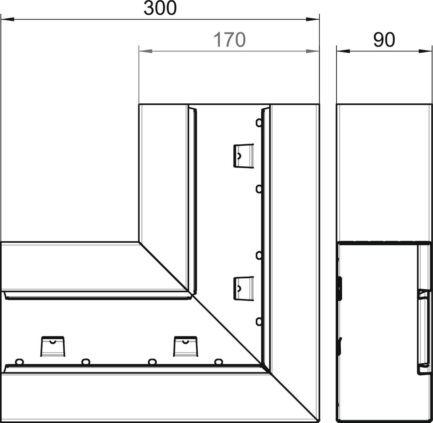Tehnički nacrt L-oblika kutnika s dimenzijama: 300 mm, 170 mm i 90 mm. Detaljni prikaz učvršćivačkih točaka.
