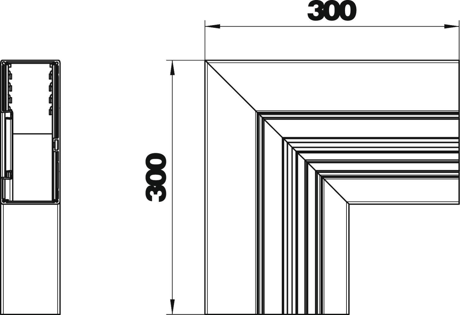 Tehnički nacrt prikazuje mjere kvadratnog objekta dimenzija 300x300 jedinica. S lijeve strane vidljiv je pogled sa strane.
