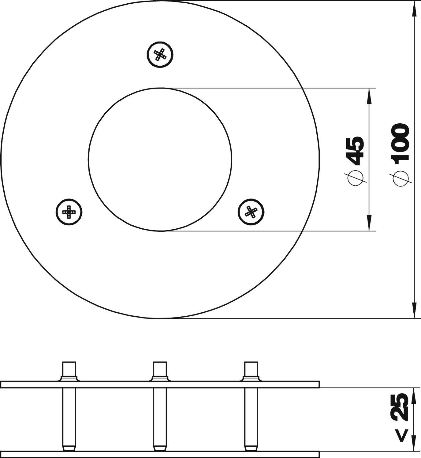 Tehnički nacrt okrugle prirubnice vanjskog promjera 100 mm i unutarnjeg promjera 45 mm, pogled sa strane prikazuje tri vijka.