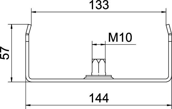 Tehnički nacrt: U-oblik metalni dio, širok 144 mm, visok 57 mm, dubine 133 mm, s M10 navojem u sredini.