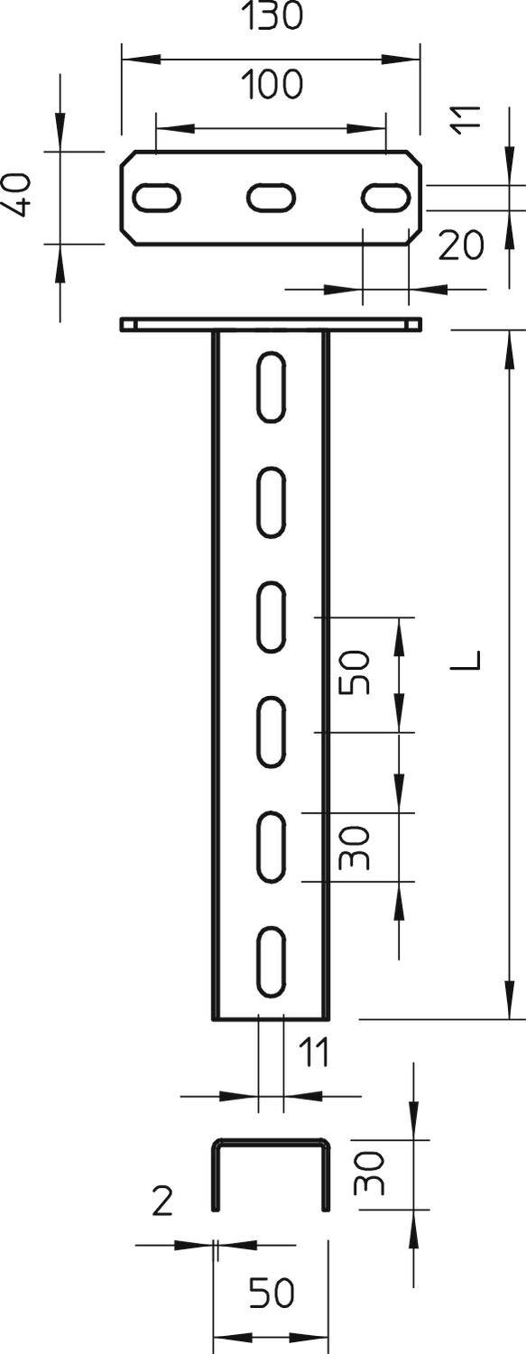 Tehnički nacrt metalnog nosača s dimenzijama: baza 130x40 mm, promjenjiva visina s razmakom rupa od 50 mm.