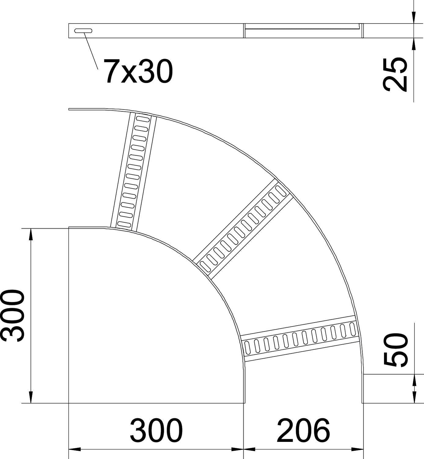 Tehnički nacrt savinutog metalnog police. Dimenzije: 300x300x206 mm. Potporne spone ravномjerno su raspoređene.