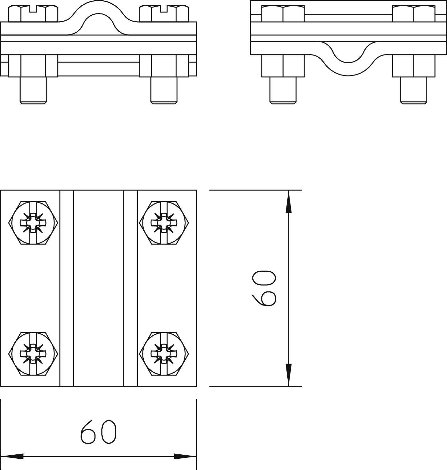 Tehnički nacrt stezaljke dimenzija 60 mm x 60 mm. Pogled odozgo i bočni pogled prikazuju vijčane spojeve i položaje vijaka.
