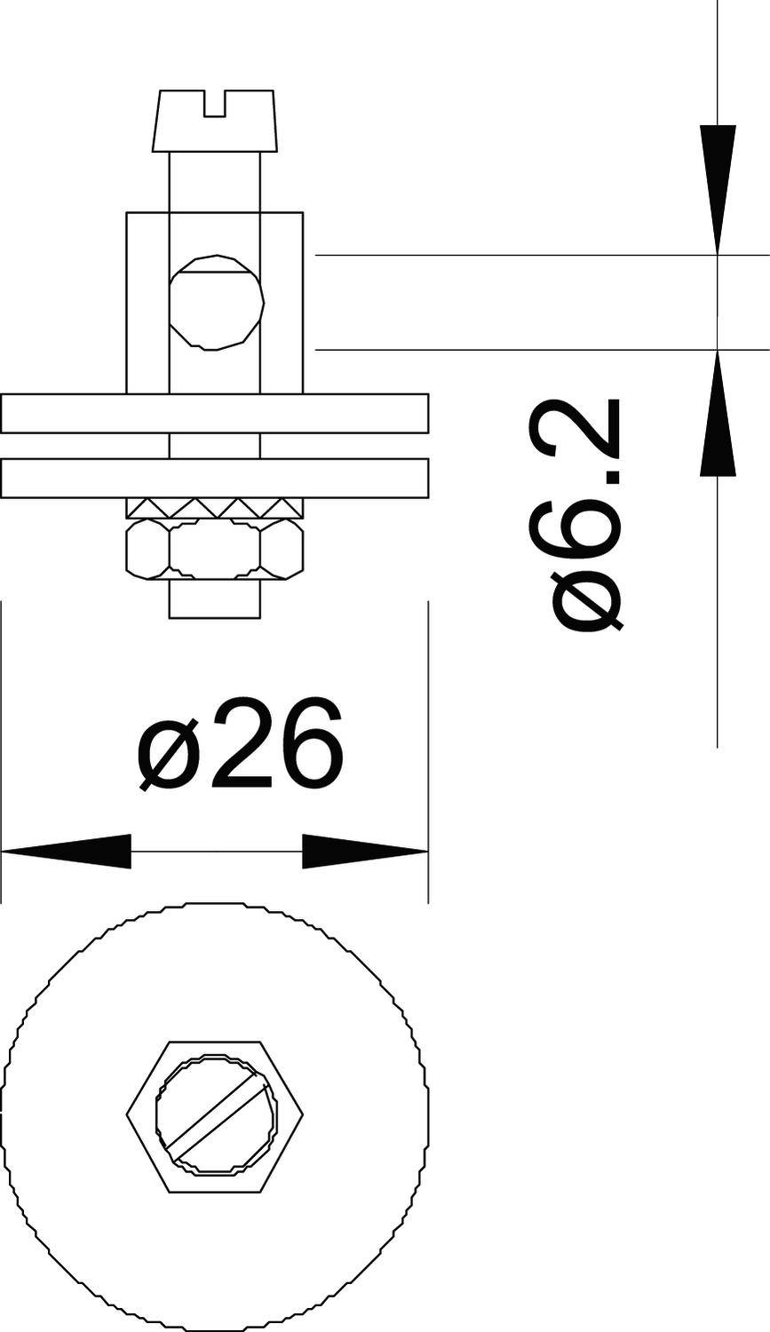 Tehnički nacrt spojnog elementa sa vijkom i maticom. Mjere: promjer 26 mm, provrt 6,2 mm.