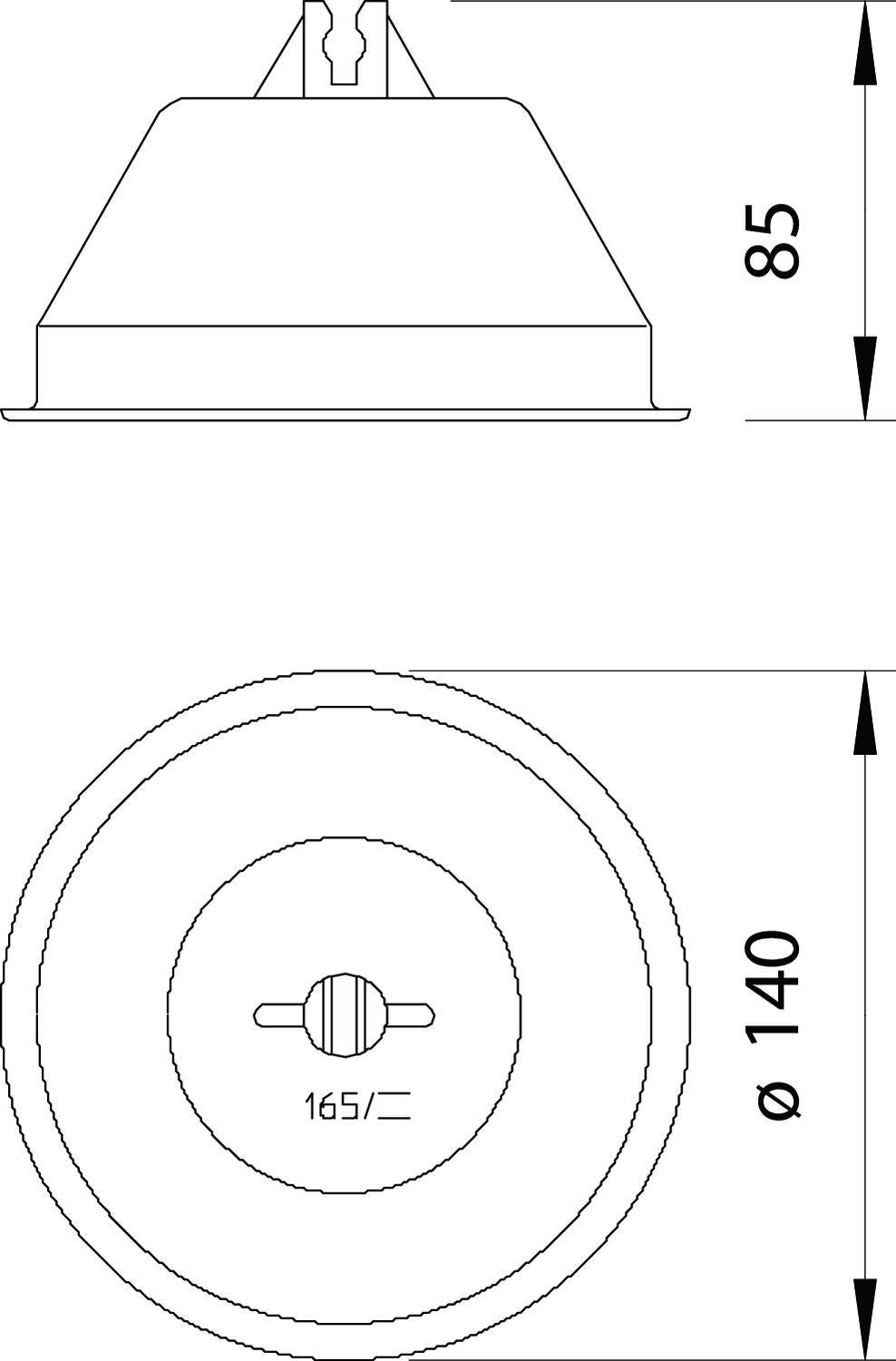 Tehnički nacrt cilindričnog objekta s dimenzijama: visina 85 mm, promjer 140 mm. Pogled odozgo prikazuje centralnu vijak.
