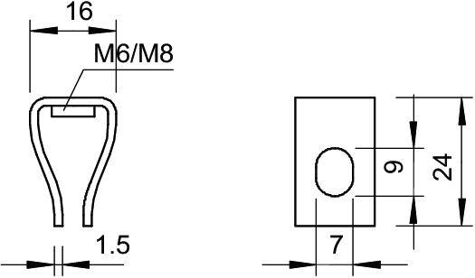 Tehnički crtež metalnog nosača s dimenzijama: širina 16 mm, visina 24 mm, promjer rupe 9 mm, pogodan za M6/M8.