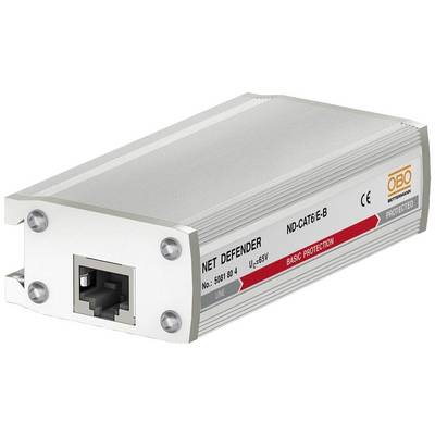 Mrežni uređaj za zaštitu od prenapona s RJ45 priključkom, označen kao 'Net Defender ND-CAT6 E-B', pruža osnovnu zaštitu.
