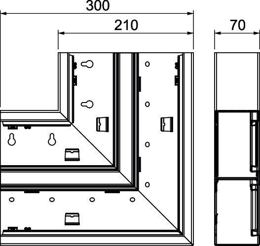 Tehnički nacrt okvira dimenzija 300 mm x 210 mm, s detaljnim presjecima i točkama učvršćivanja.