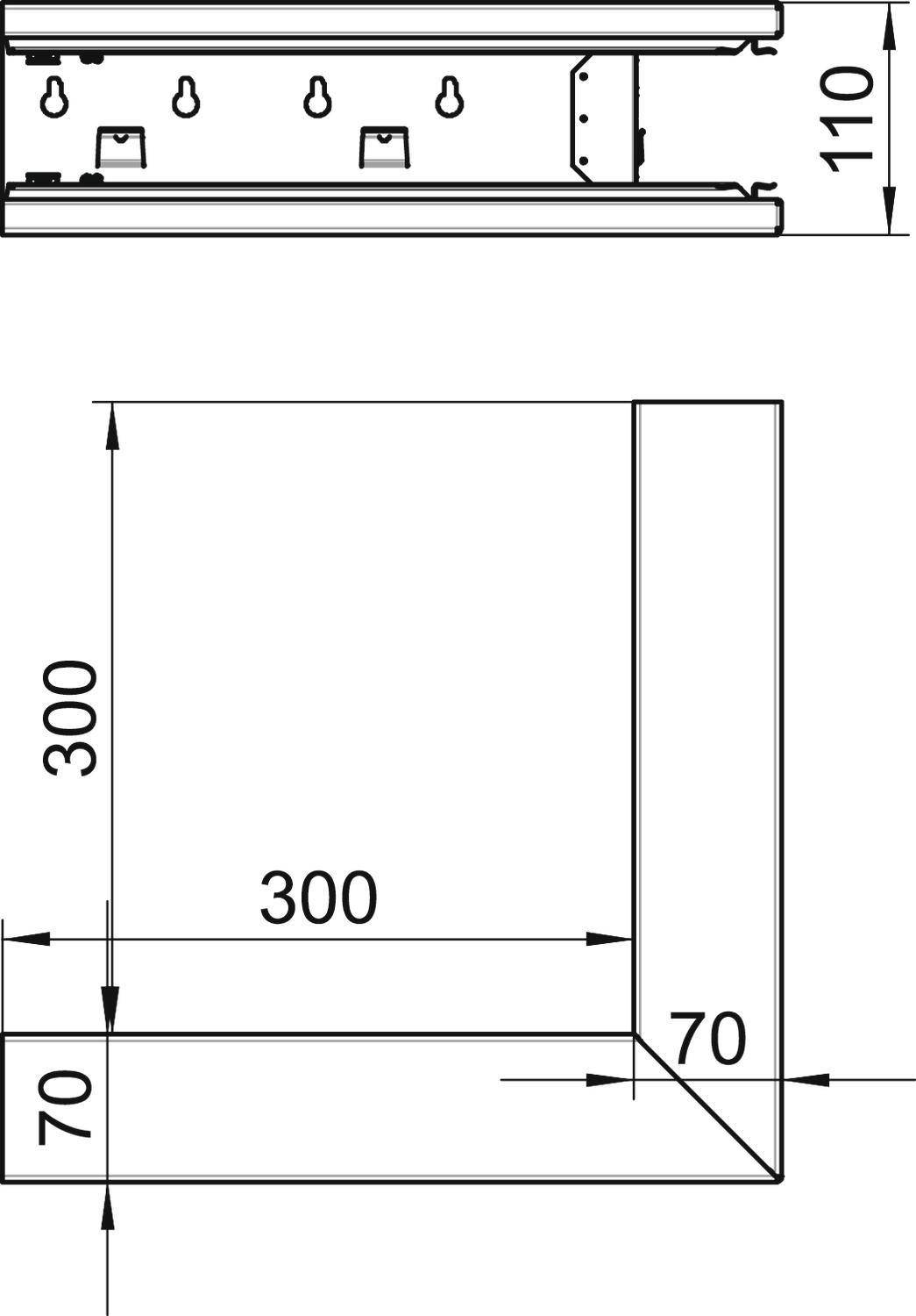 Tehnički nacrt metalnog profila s dimenzijama: 110 širina, 300, 300 duljina i 70 visina. Prikazan u bočnom poprečnom presjeku.