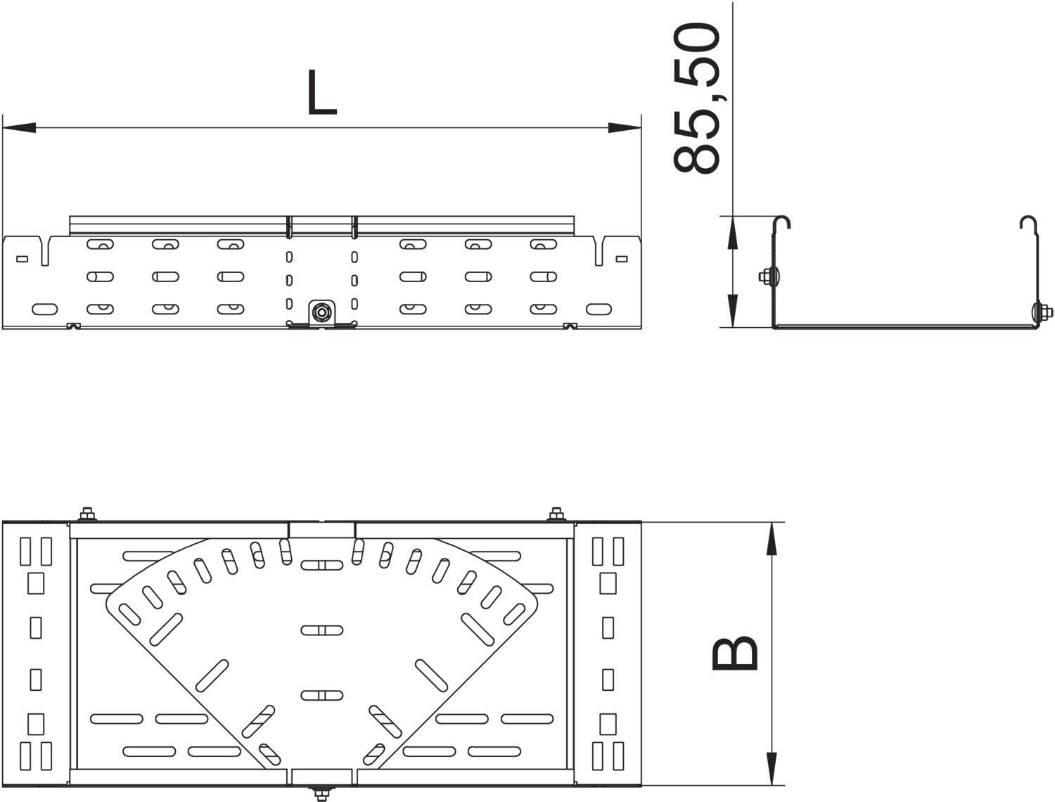 Tehnički nacrt metalnog okvira s dimenzijama D i Š te visinom od 85,50 mm. Prikazuje prednji i bočni pogled.