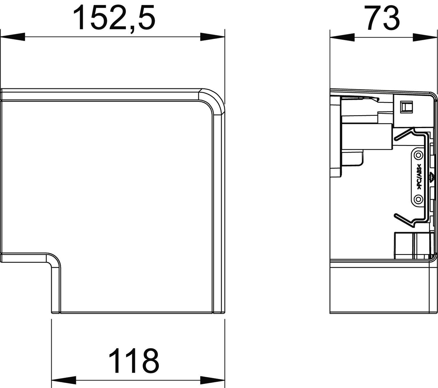 Tehnički nacrt uređaja s mjerama: 152,5 mm (širina), 73 mm (visina), 118 mm (duljina). Prikazuje unutarnji pogled s komponentama.
