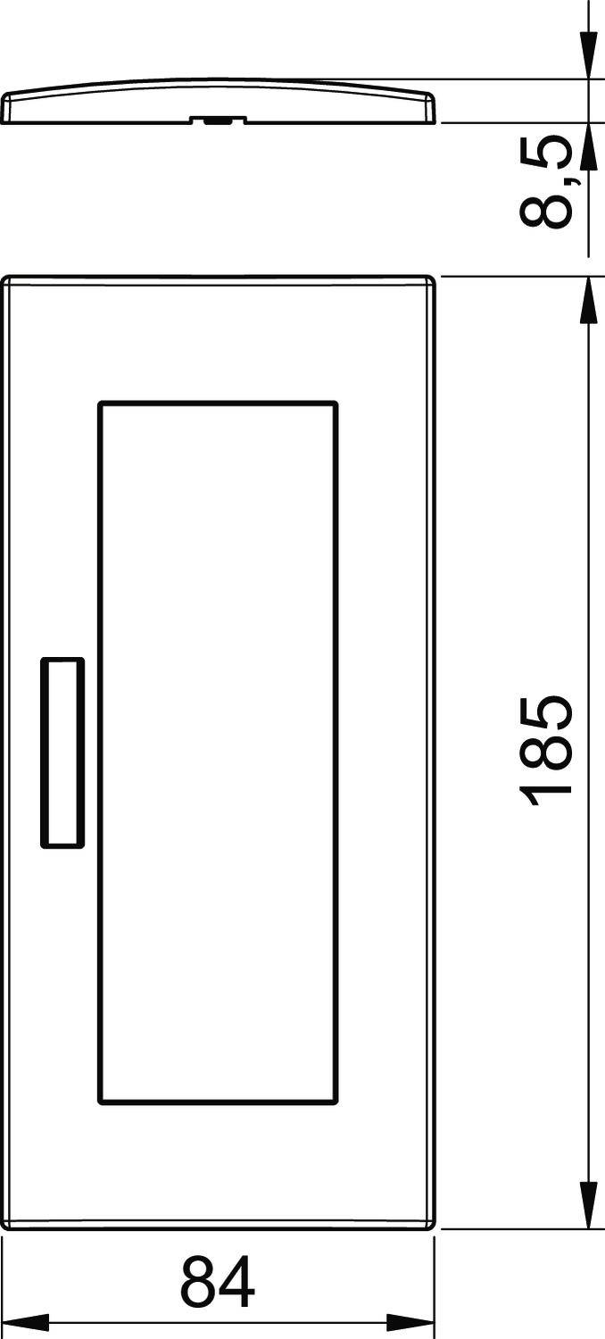 Tehnički nacrt pravokutnog ormarića s dimenzijama: visina 185 cm, širina 84 cm, dubina 8,5 cm. Vrata s ručkom desno.