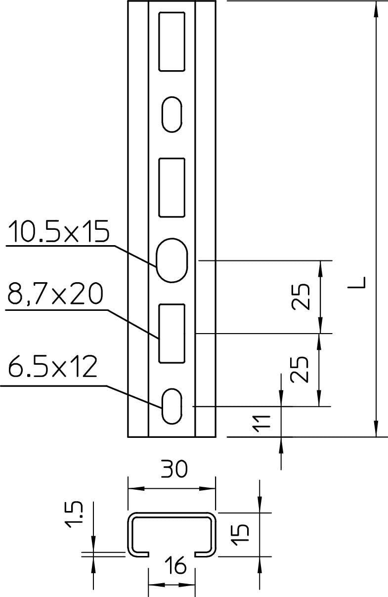 Tehnički nacrt metalnog profila s dimenzijama. Različite veličine rupa: 10,5x15, 8,7x20, 6,5x12 mm. Širina profila 30 mm.