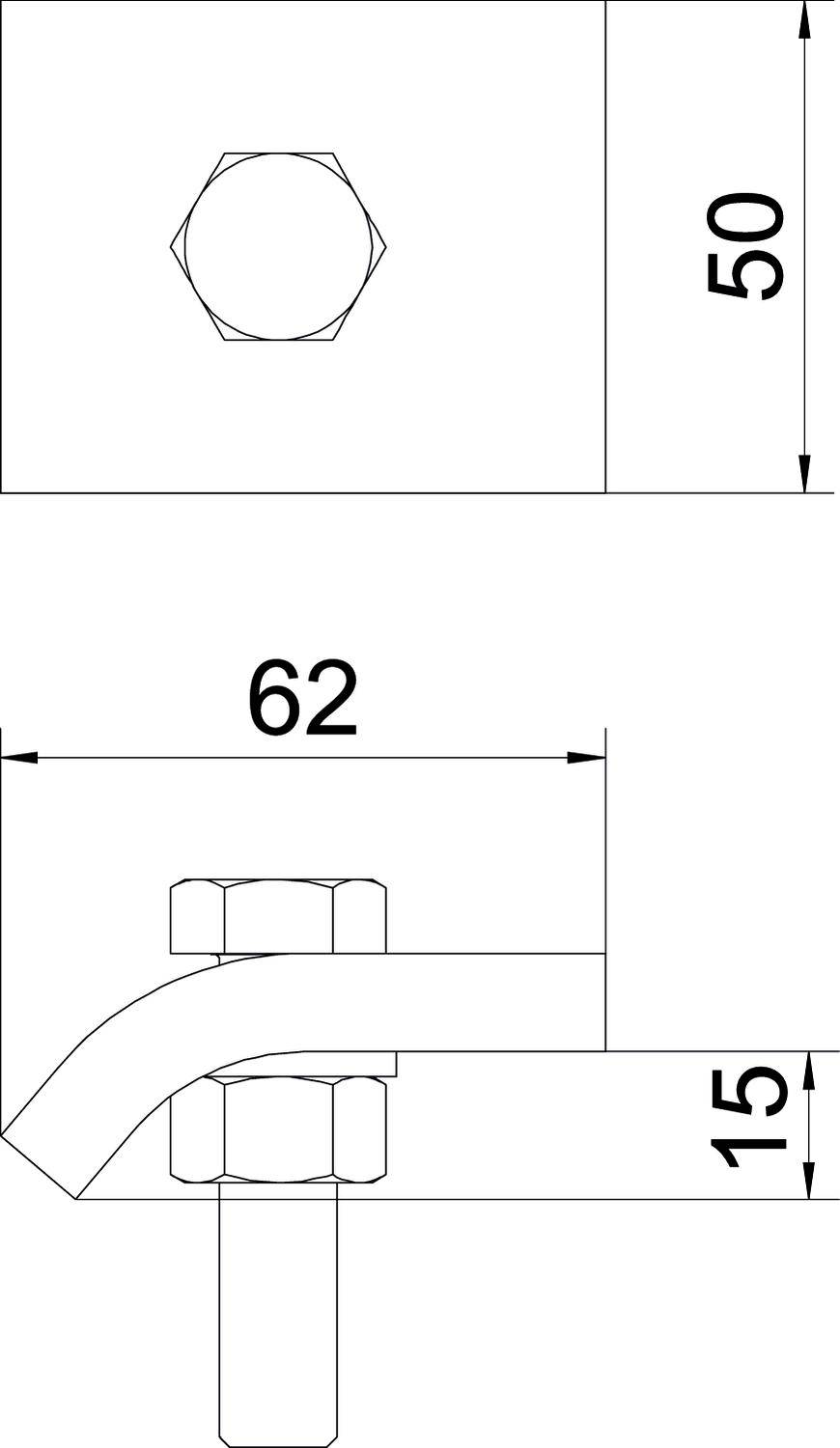 Nacrt šesterokutnog vijka s mjerama: 50 mm visina, 62 mm širina, 15 mm udaljenosti od gornjeg ruba. Pogled odozgo i s bočne strane.