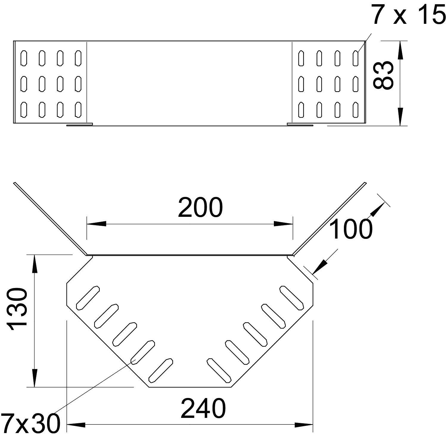 'Tehnički nacrt kutnog profila: Gore pravokutni prikaz s rupama, dimenzije 7x15mm i 83mm. Dolje bočni pogled s dimenzijama 200mm širine, 100mm dubine, 130mm visine i 240mm baze, s dijagonalnim rupama 7x30mm.'