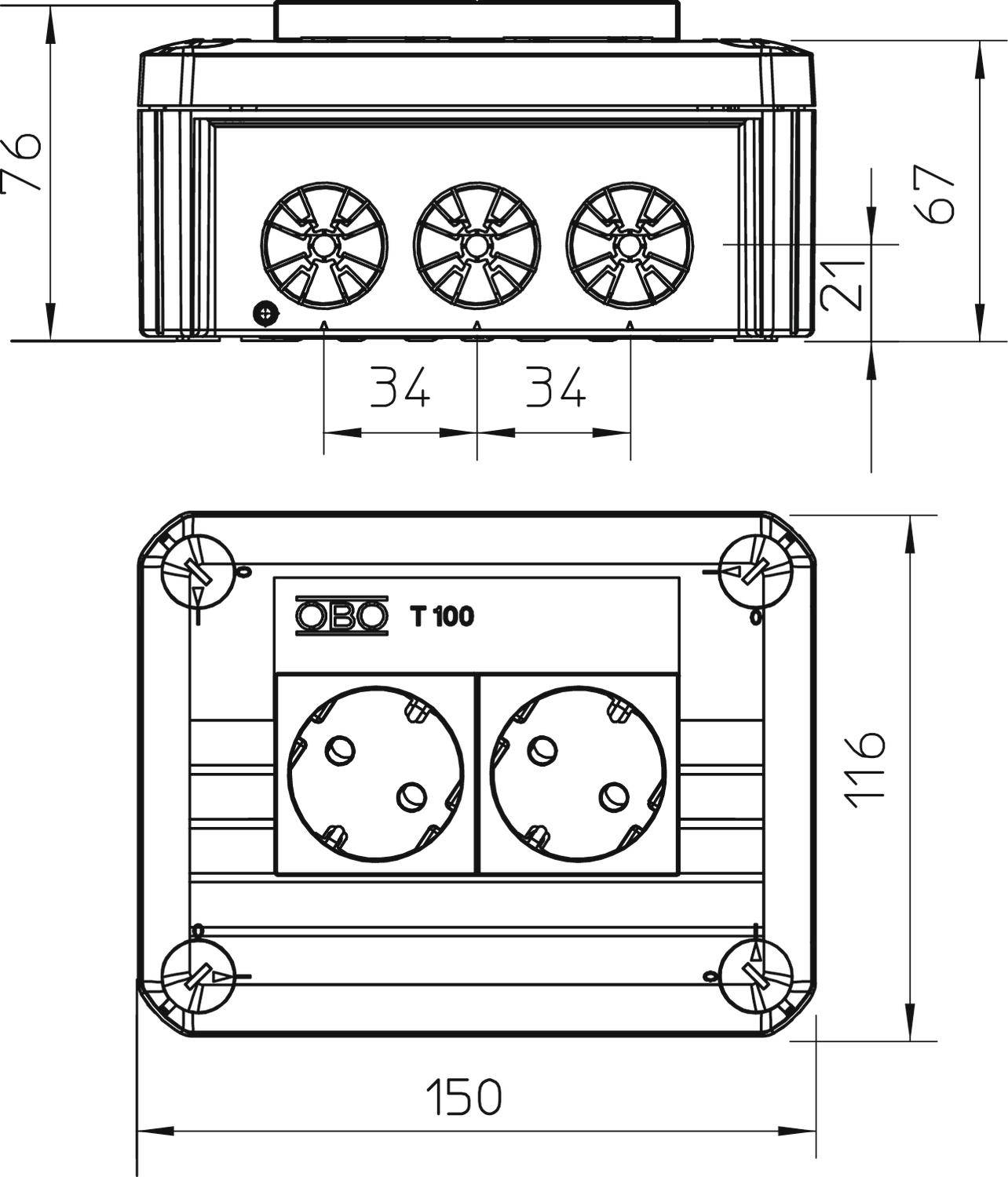 Tehnički nacrt pravokutne kutije za distribuciju utičnica. Pogled odozgo prikazuje dvije utičnice, bočni pogled dimenzije.