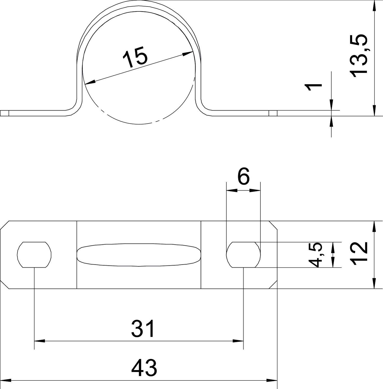 Tehnički nacrt nosača s dimenzijama: Krug promjera 15, visina 13,5, širina 43. Dodatne mjere za priključne kutove.