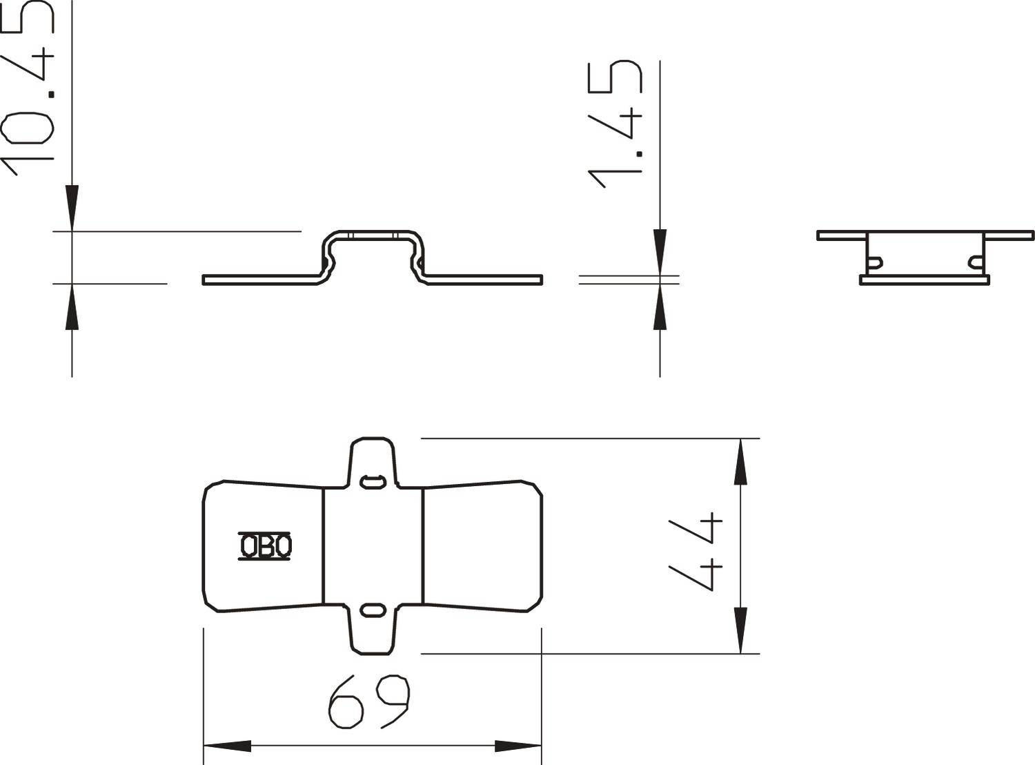 Tehnički nacrt metalnog profila s dimenzijama: širina 69 mm, visina 44 mm, bočni pogled 10,45 mm i visina poprečnog presjeka 1,45 mm.