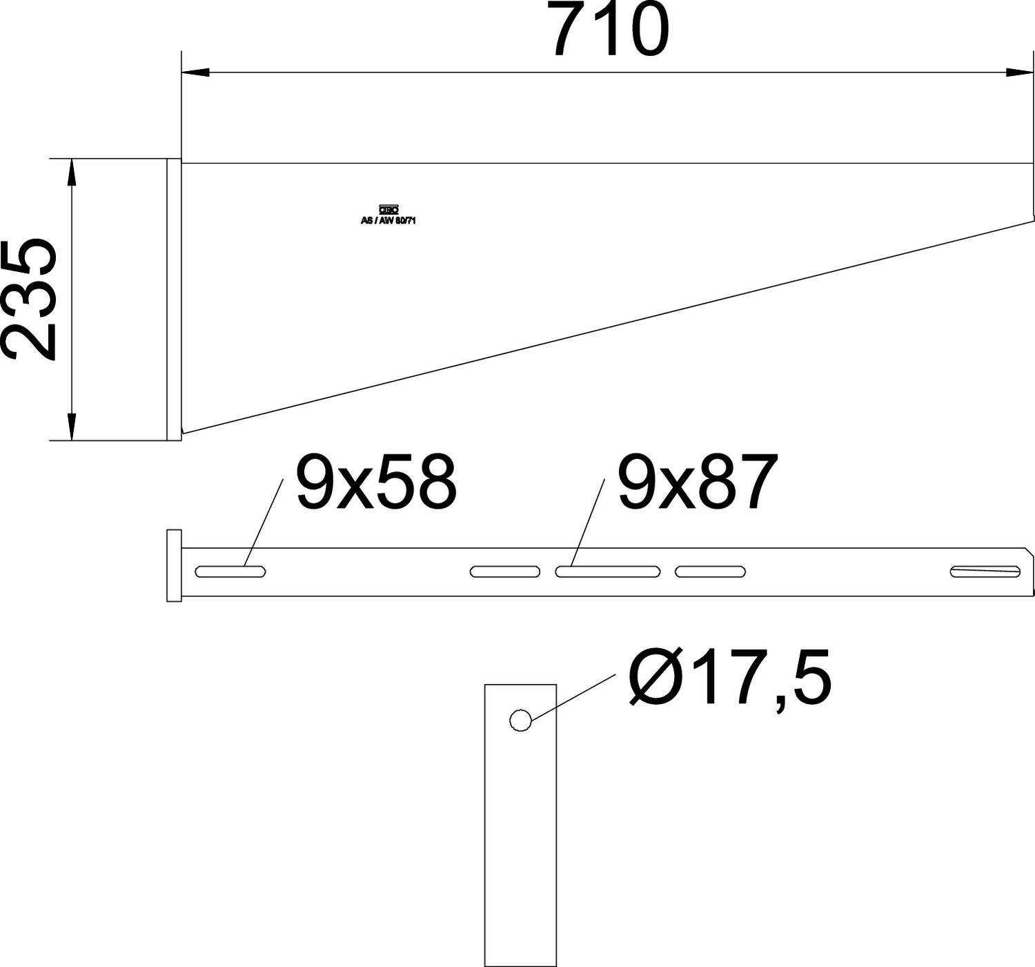 Tehnički nacrt čeličnog nosača s dimenzijama: visina 235 mm, širina 710 mm, otvori 9x58 mm i 9x87 mm, promjer rupe 17,5 mm.